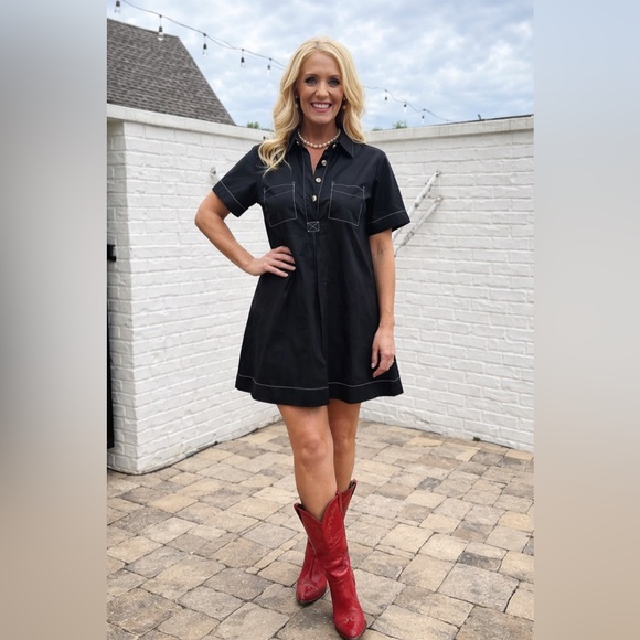 TCEC Black Mini Dress with Button Accents and Contrast Stitching NWT Size Medium - Picture 1 of 3